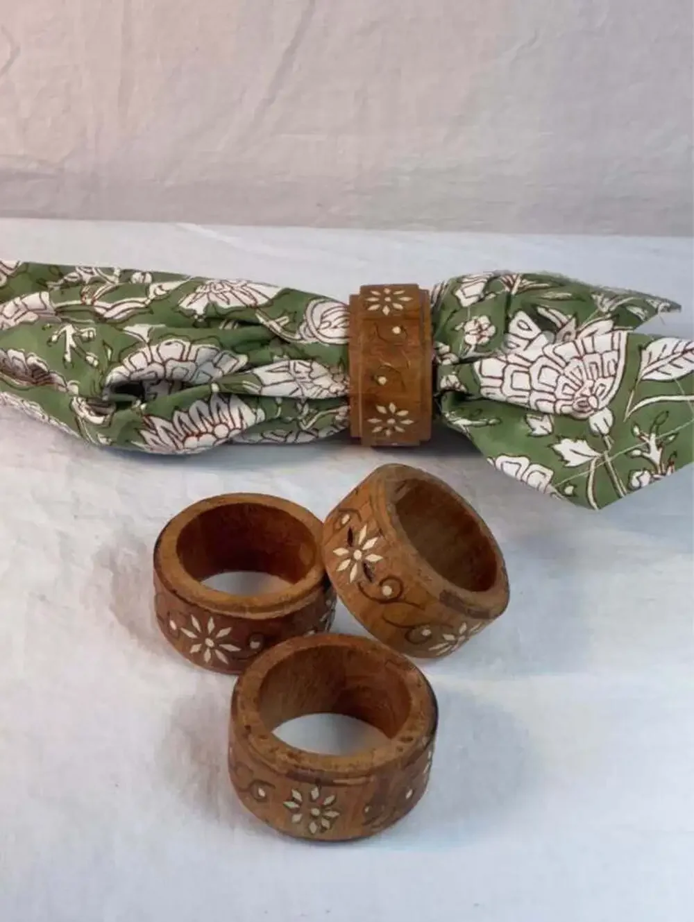 Set of 4 Vintage Hand-Carved Wooden Napkin Rings with Floral Inlay